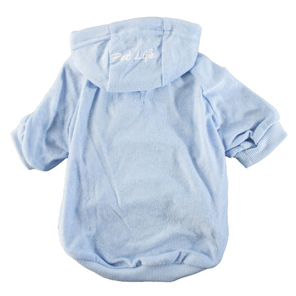 Light blue pet hoodie with hood, ribbed cuffs, and rounded ribbed hem