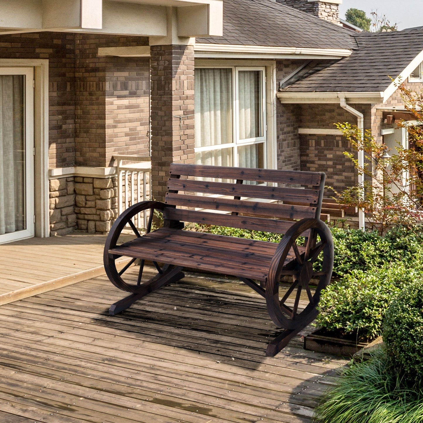 Outsunny Wagon Wheel Bench Rustic 2-Person Outdoor Patio Carbonized Finish with Backrest