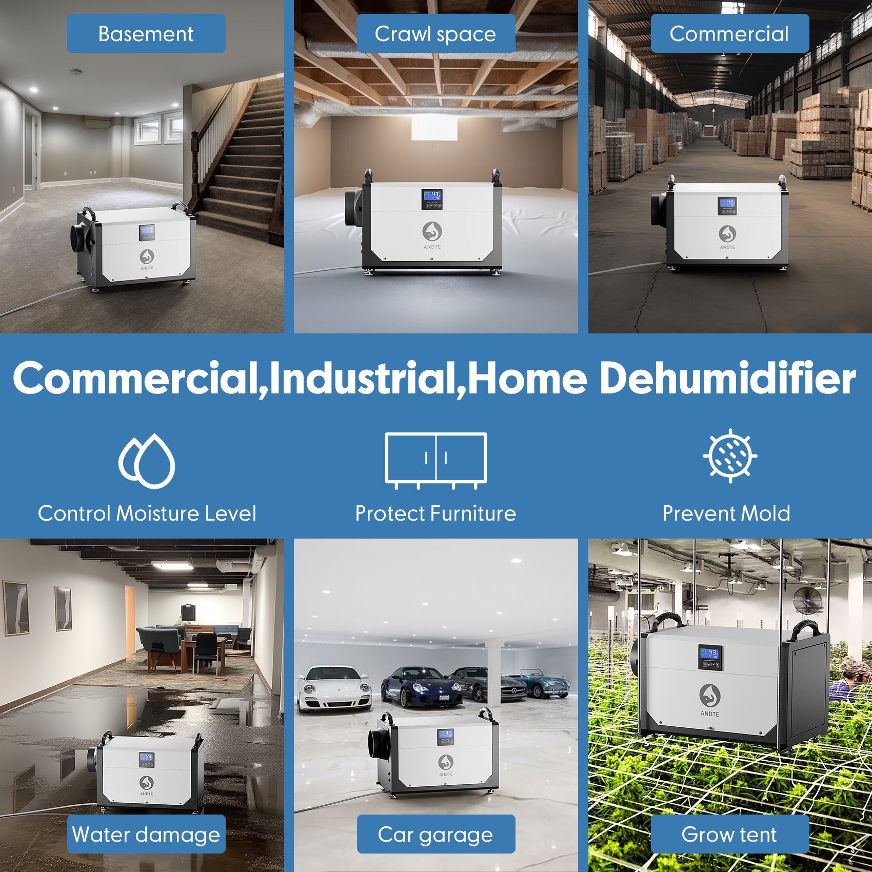White dehumidifier with control display for basement, crawl space, and commercial use