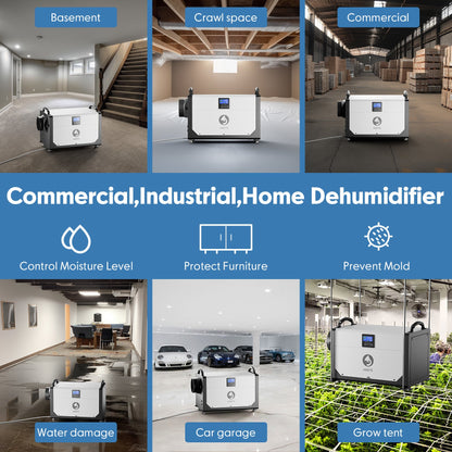 White dehumidifier with control display for basement, crawl space, and commercial use