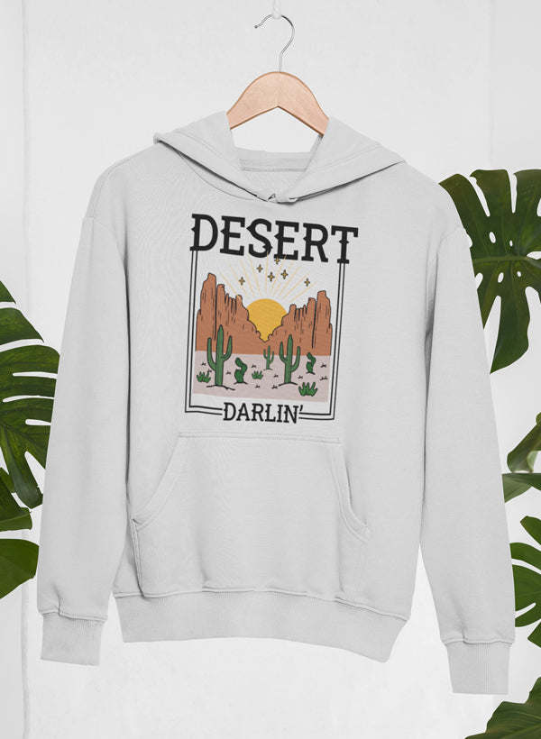 Light grey hoodie with Desert Darlin' front graphic, kangaroo pocket, drawstring hood.