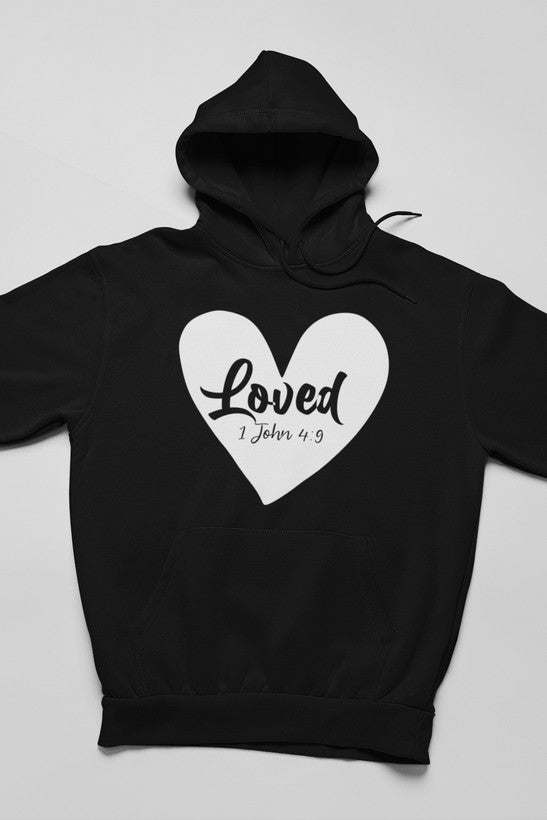 Black hoodie with front heart logo graphic and hood with drawstrings