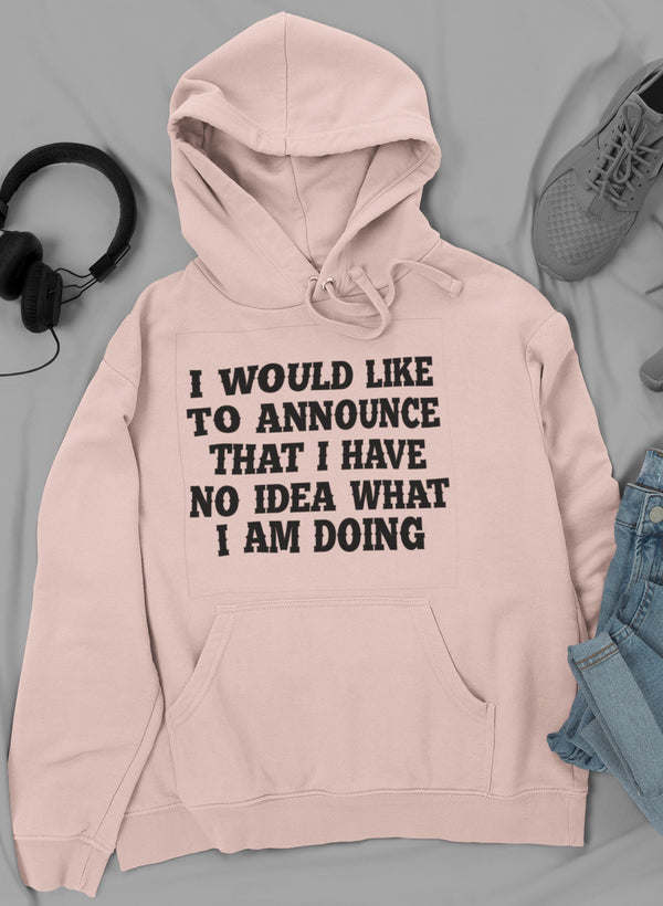 Light pink hoodie with kangaroo pocket, hood drawstrings, 'I WOULD LIKE...' front graphic