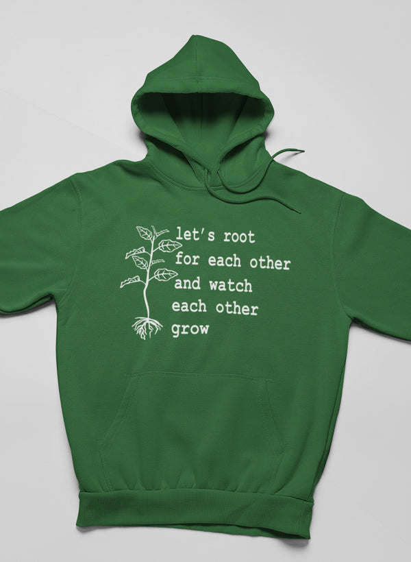 Dark green hoodie with front tree and quote graphic, pullover hood and kangaroo pocket