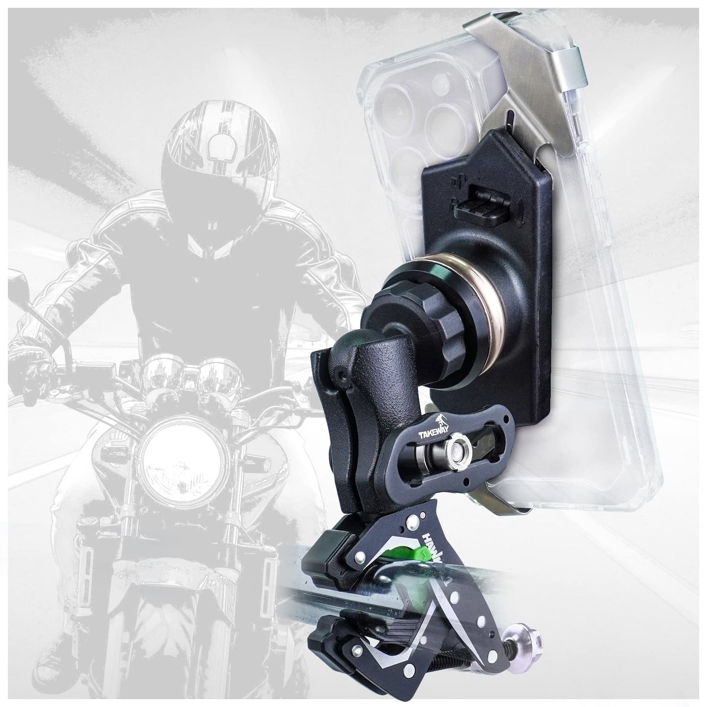 Motorcycle phone mount with handlebar clamp, black double socket arm, adjustable