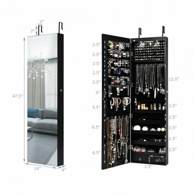 Mirrored jewelry cabinet with lights, full-length mirror and open organizer door with hooks