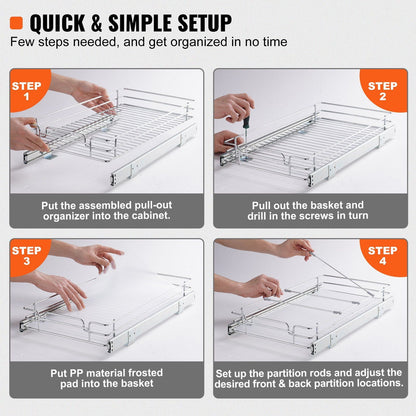 VEVOR 11"Wx21"Dx2.5"H Pull Out Cabinet Organizer, Heavy Duty Slide Out Pantry Shelves, Steel Roll Out Drawers, Sliding Drawer Storage for Home Under Sink, 13.5"Wx22"Dx7"H Install Size for Cabinet