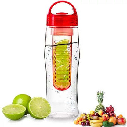 Fruit infuser water bottle with clear body, red lid and infuser insert