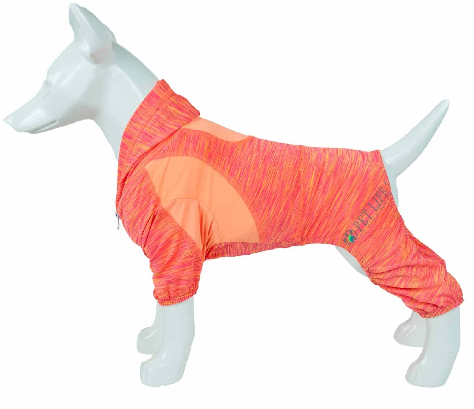 Dogs full-body warm-up hoodie on mannequin, orange-pink two-tone heather