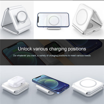 Foldable 3-in-1 magnetic wireless charging dock, shown with devices on three charging pads