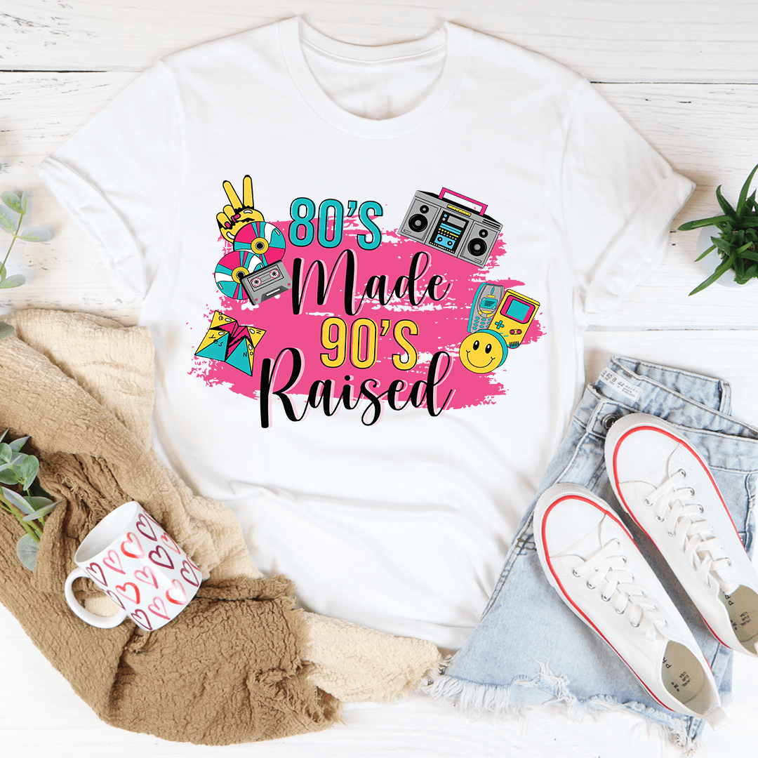 White crewneck T-shirt with "80's Made 90's Raised" graphic