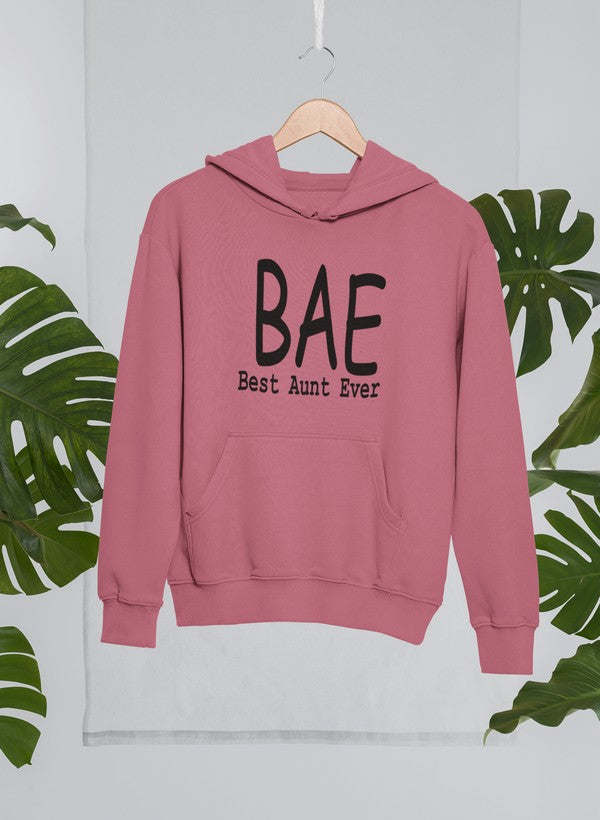 Mauve pullover hoodie with “BAE” and “Best Aunt Ever” chest print