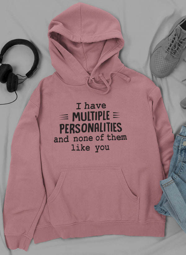 Mauve pullover hoodie with drawstring hood, front pocket, and chest graphic