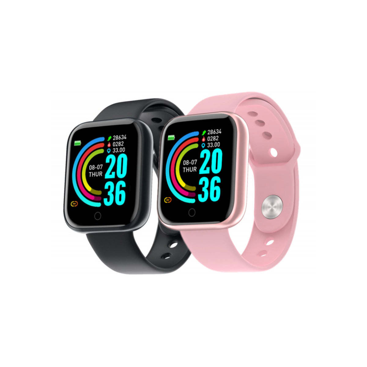 Pair of smartwatches with black and pink silicone sport straps