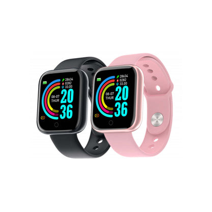 Pair of smartwatches with black and pink silicone sport straps
