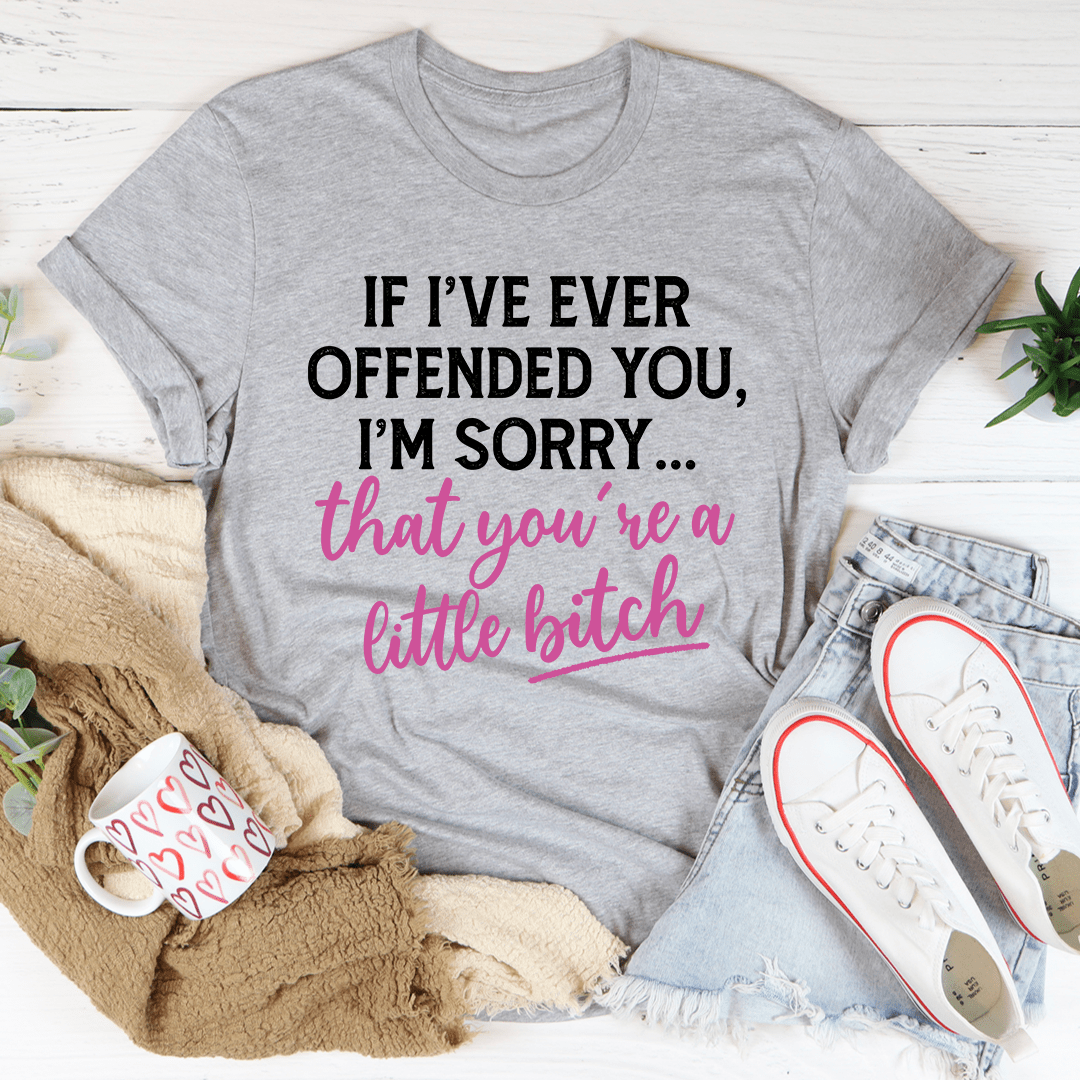 Grey crew-neck T-shirt with 'If I've ever offended you...' typography on front