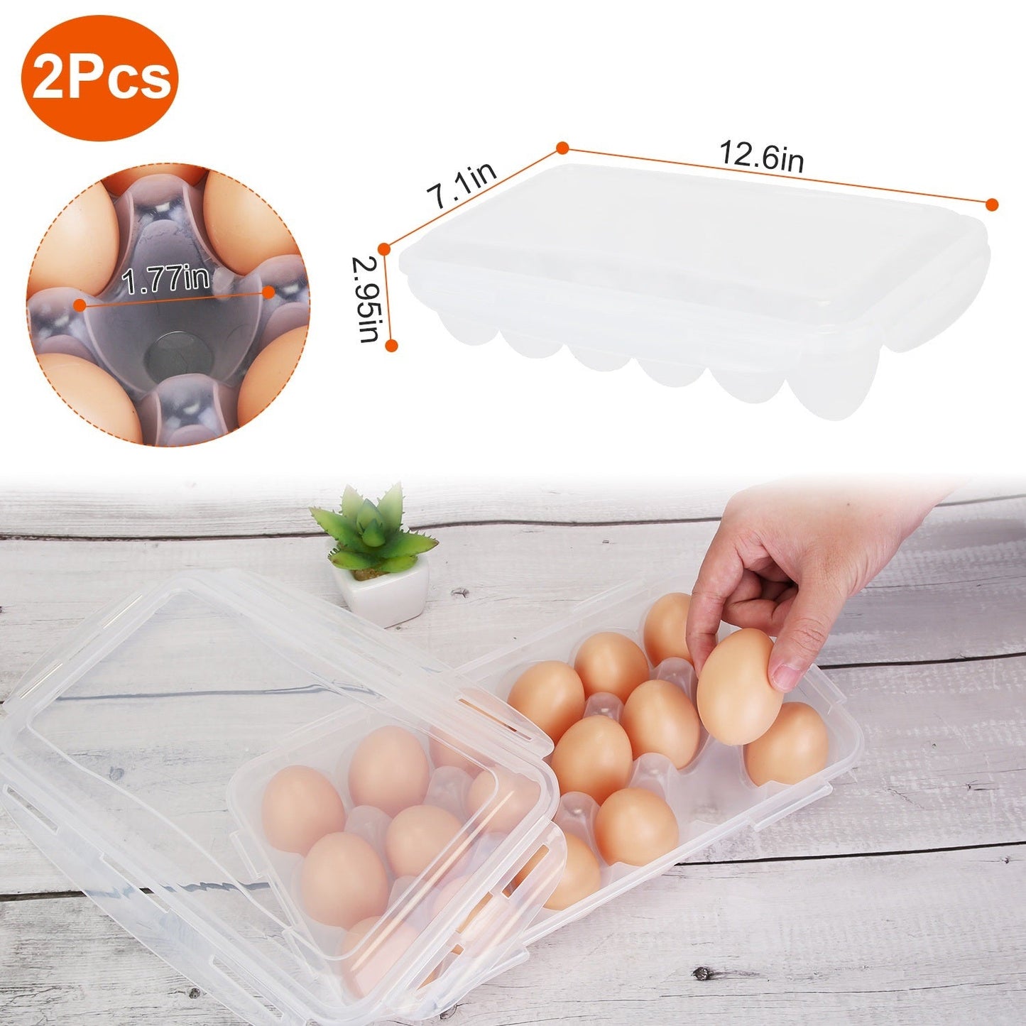 Set of 2 stackable plastic egg storage bins with lids, size marked on diagram