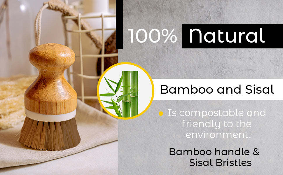 Natural bamboo dish brush with sisal bristles and rounded wooden handle