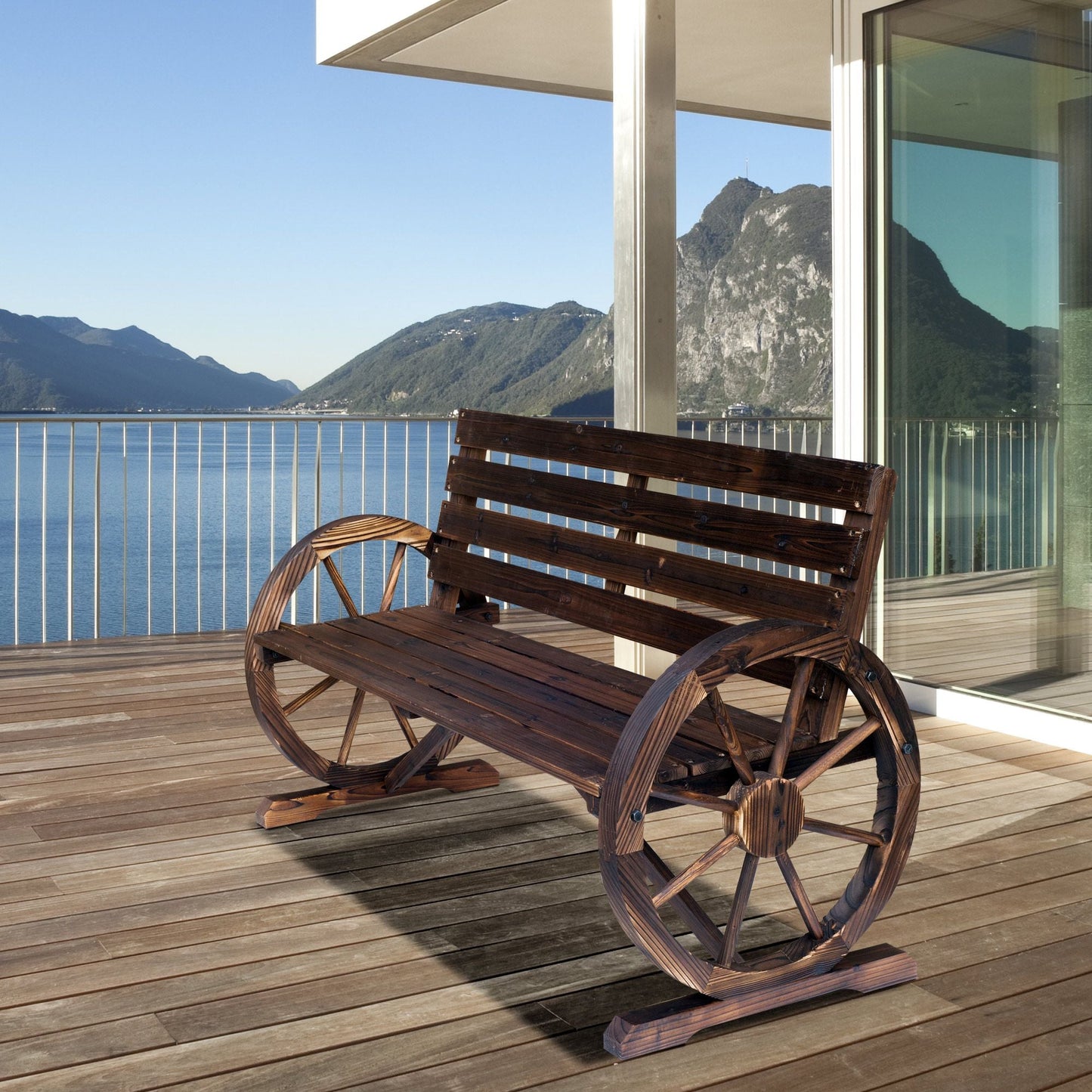 Outsunny Wagon Wheel Bench Rustic 2-Person Outdoor Patio Carbonized Finish with Backrest