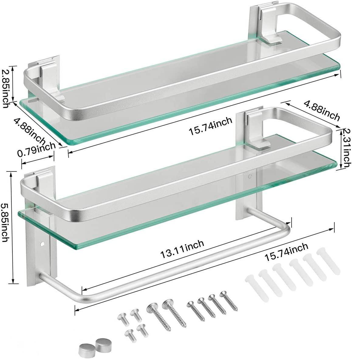 Wall-mounted 2-tier glass bathroom shelf with towel bar, clear glass with silver mounts