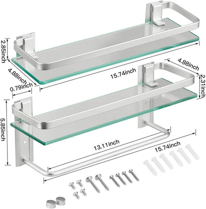 Wall-mounted 2-tier glass bathroom shelf with towel bar, clear glass with silver mounts