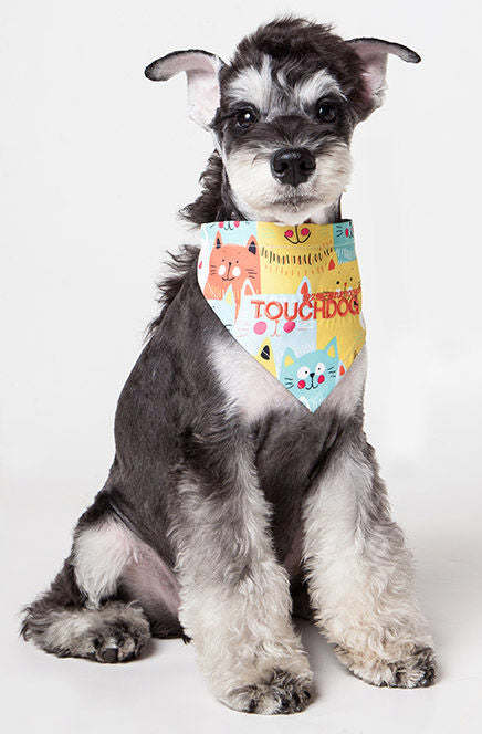 Dog bandana with colorful cat-face print, orange and blue accents, Velcro closure