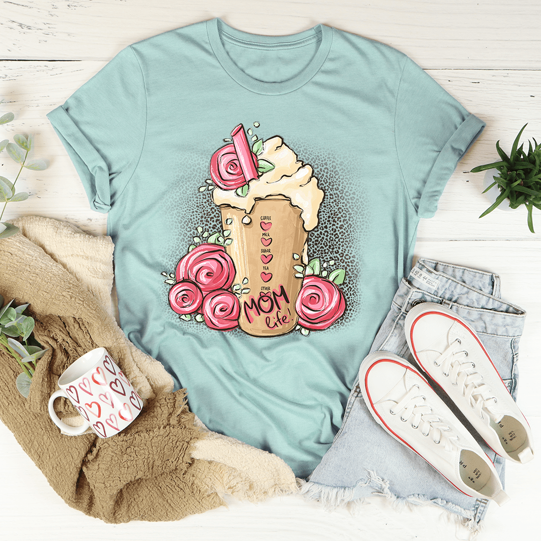 Teal graphic T-shirt with latte cup, pink roses, and “Mom life” print, crew neck