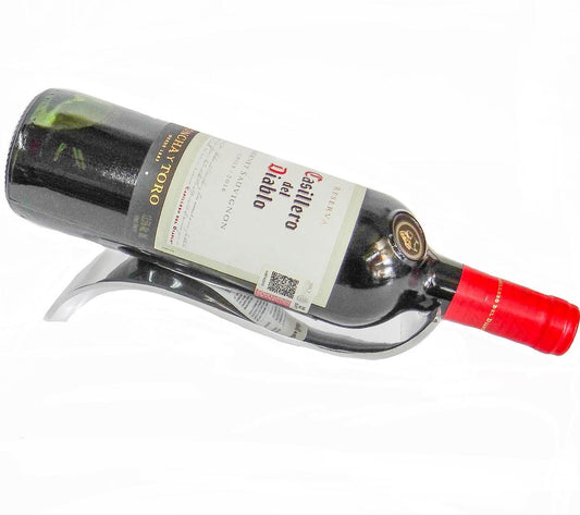 Minimalist metal bottle holder, curved chrome frame with bottle cradle