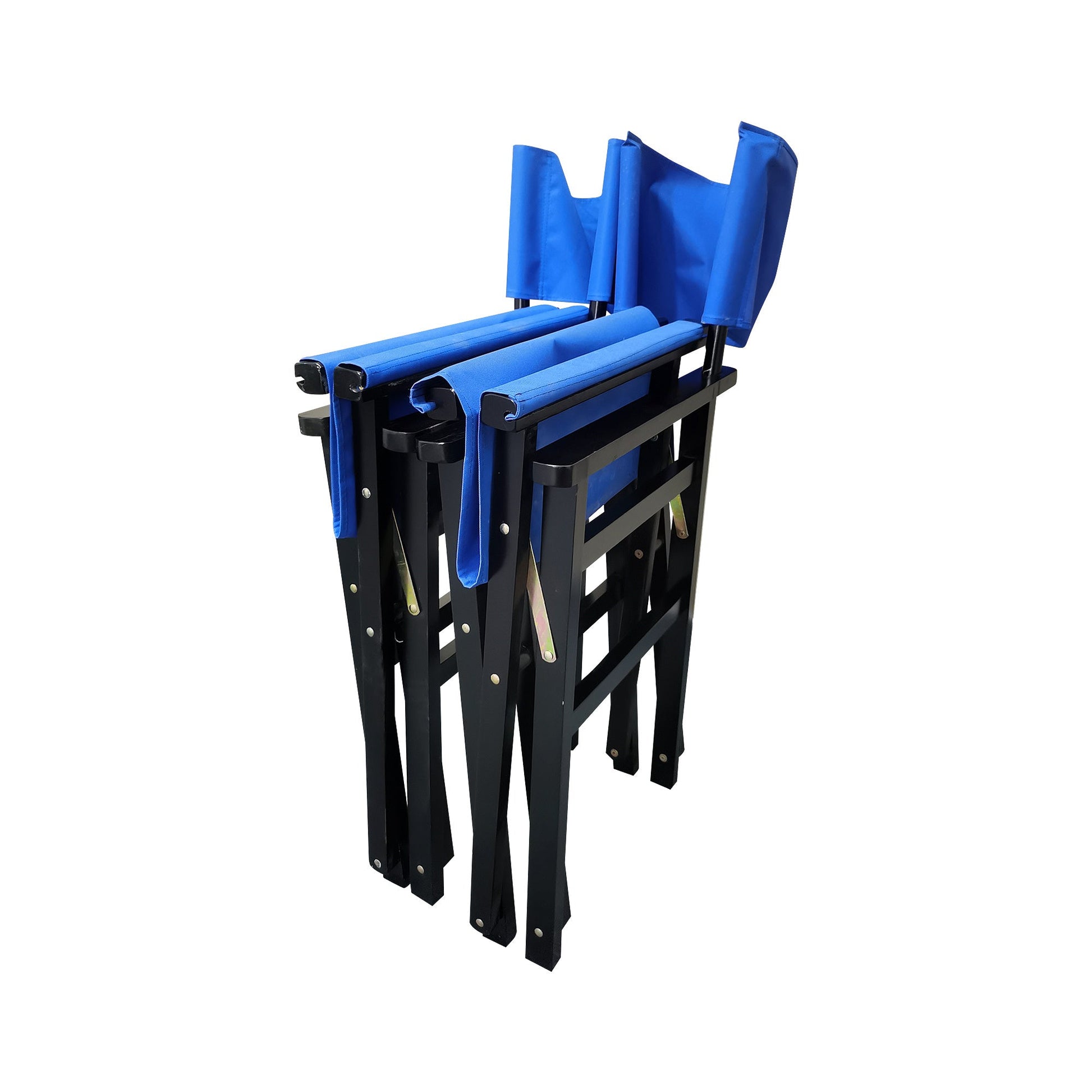Blue canvas folding director chair set, angled view showing black legs and braces
