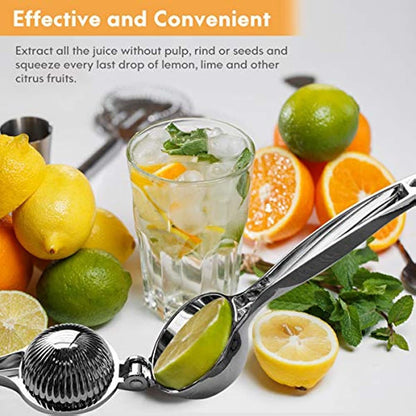 Handheld citrus squeezer in stainless steel with hinged press and vented cup
