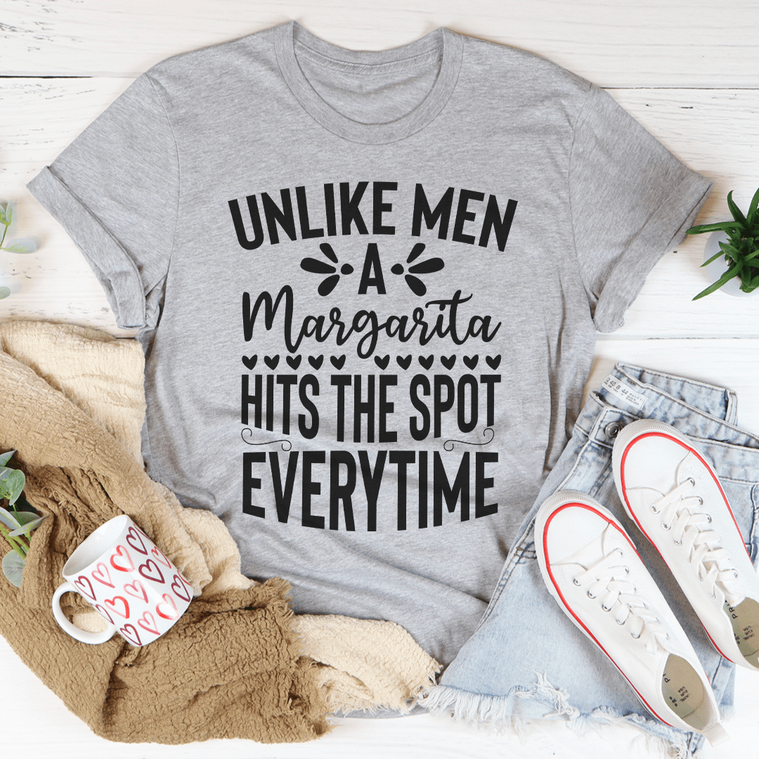 Heather gray T-shirt with black slogan graphic reading “UNLIKE MEN Margarita”