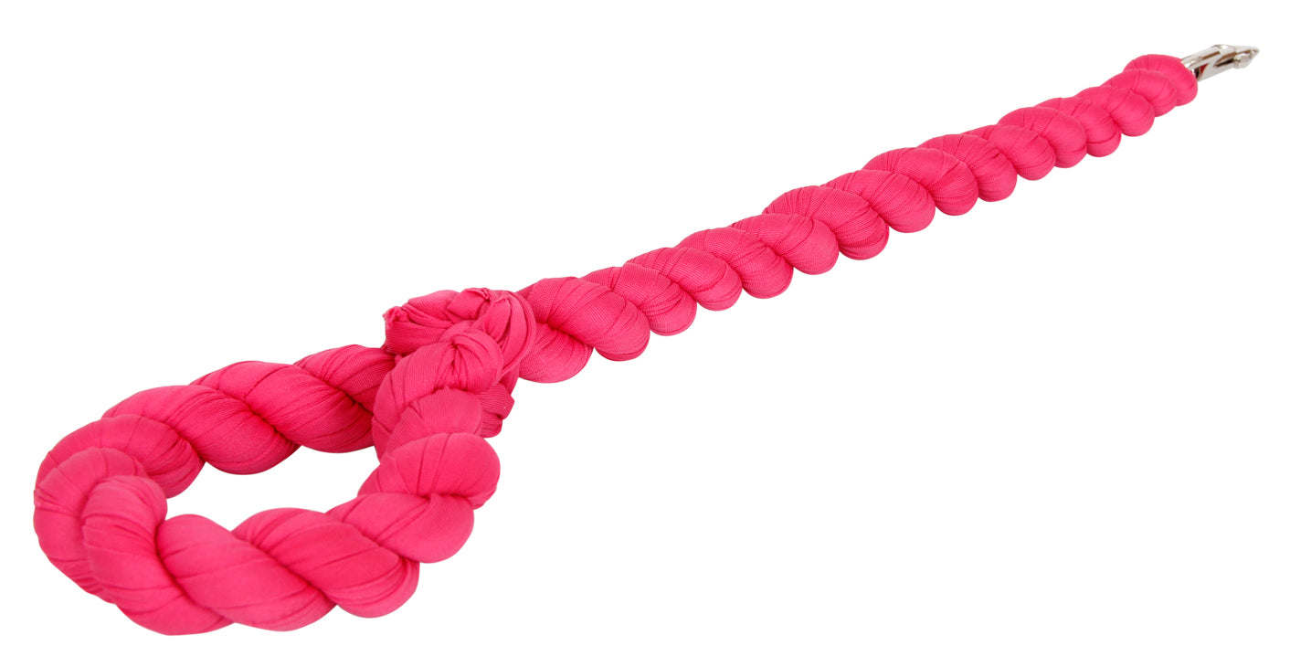 Pink braided dog leash with knot-style loop handle and metal end clasp