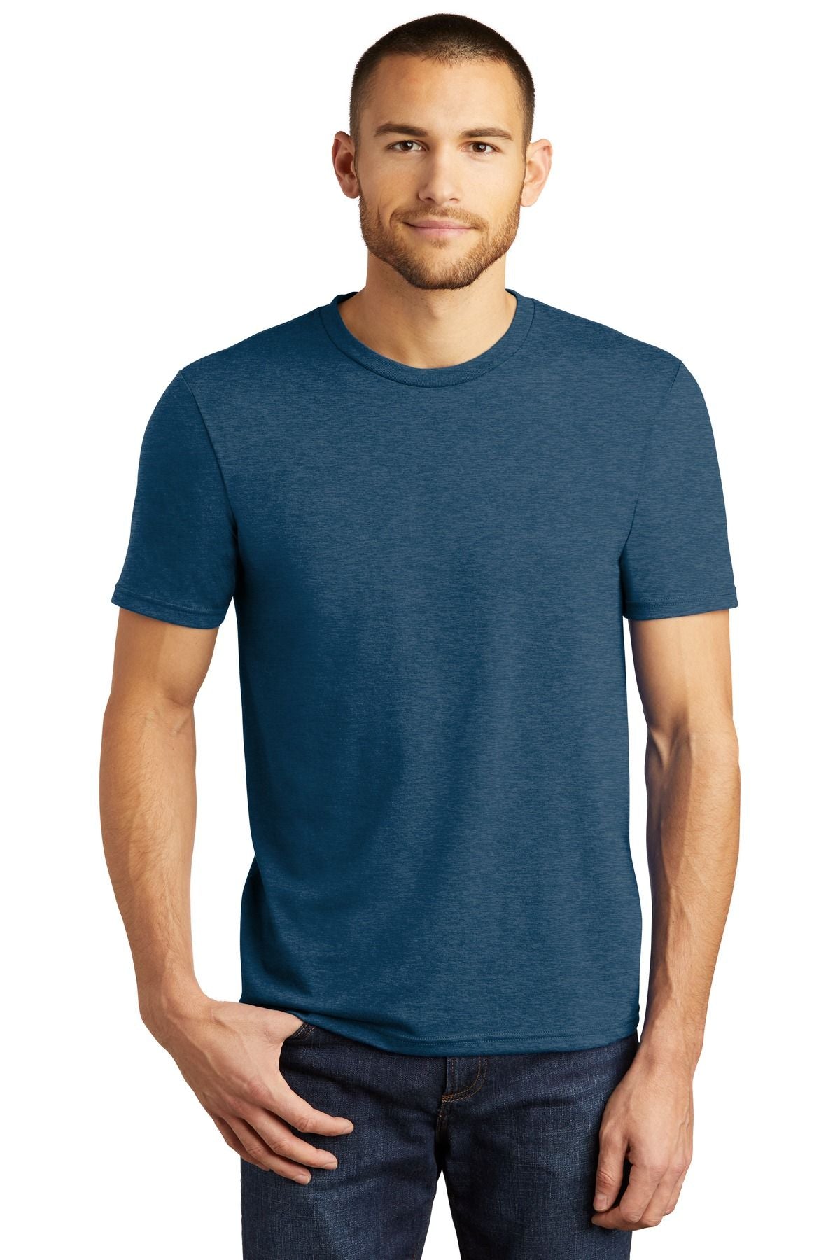 Crewneck tri-blend tee in dark blue, short sleeves, straight hem.