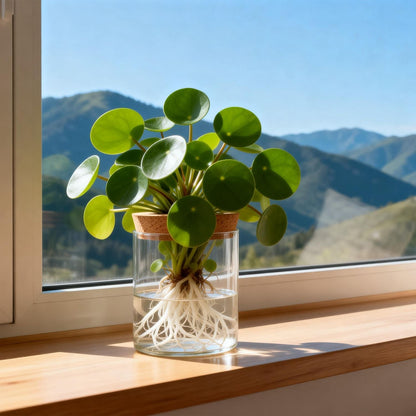Clear glass propagation vase with cork lid and leafy plant by a window