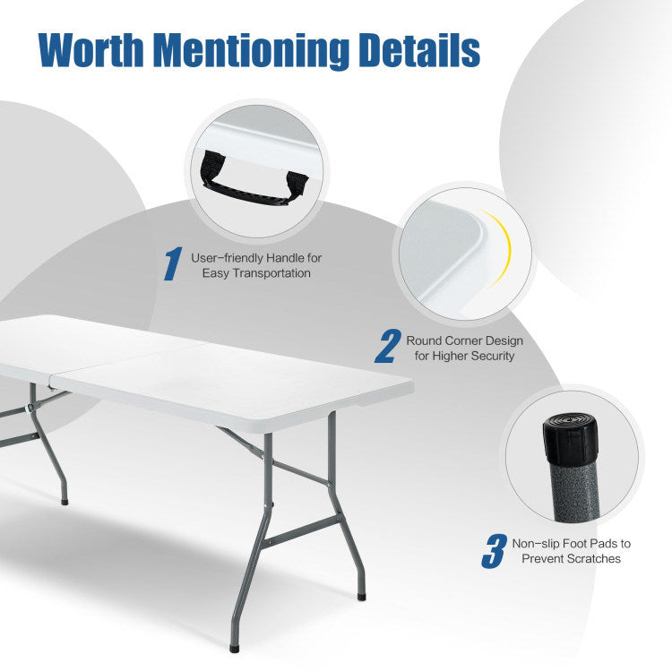 White folding camping table with gray legs, non-slip feet, and curved corner design