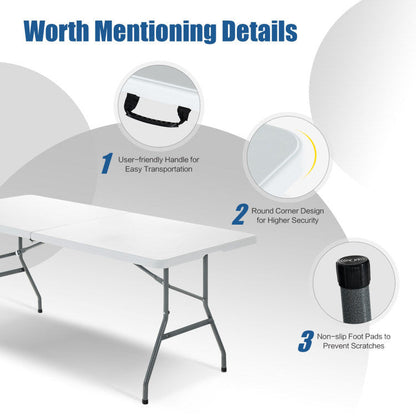 White folding camping table with gray legs, non-slip feet, and curved corner design