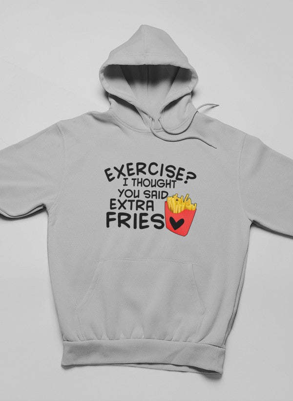 Athletic heather hoodie with hood up and fries-heart 'EXTRA FRIES' chest print