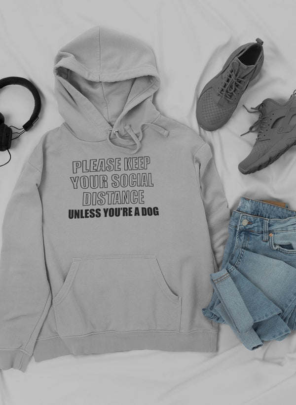 Light gray hoodie with drawstring hood and front slogan print, kangaroo pocket