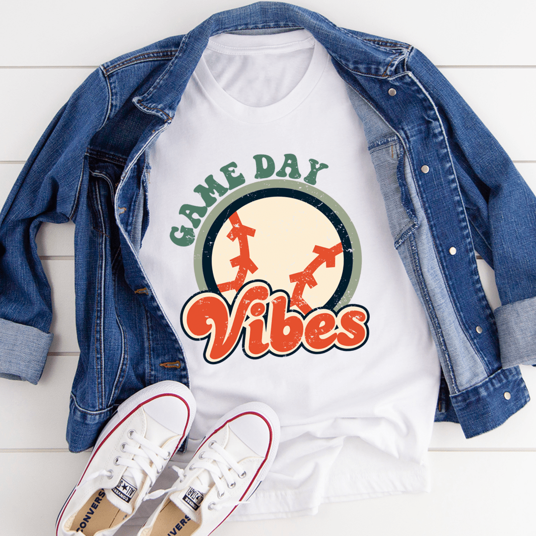 White Game Day Vibes graphic T-shirt with round logo center front