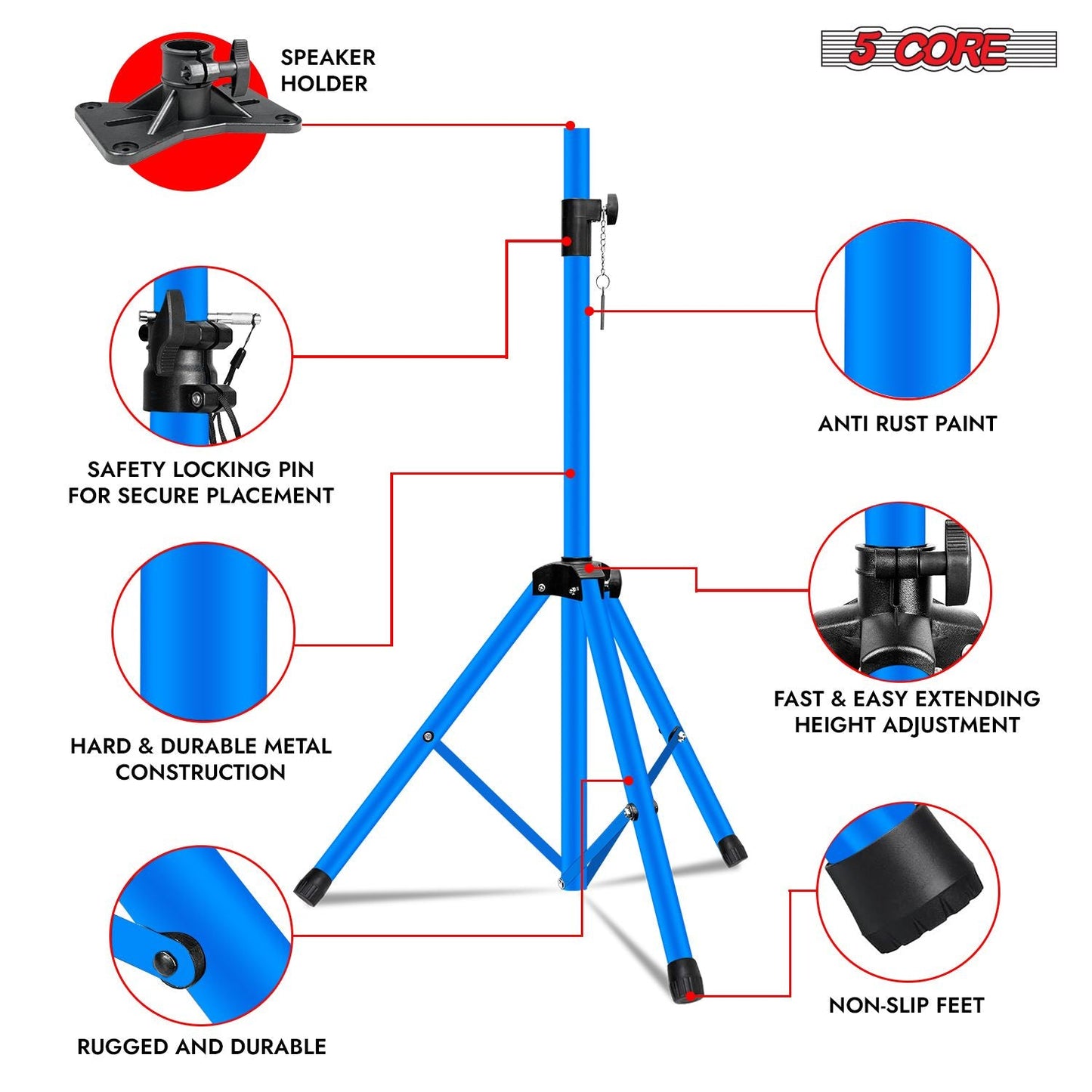 5 Core Speaker Stand Tripod Floor Tall Adjustable Up to 72 Inch DJ Studio Monitor Stands Pole Mount - SS ECO 1PK WOB