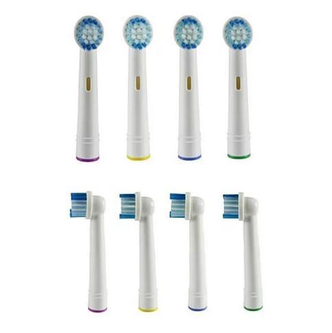 8 replacement electric toothbrush brush heads with blue bristles and colored base rings