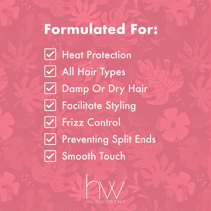 Formulated for heat protection, all hair types, damp or dry hair, frizz control