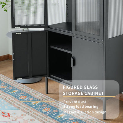 Elegant Matte Black Metal and Glass Storage Cabinet with Adjustable Shelves