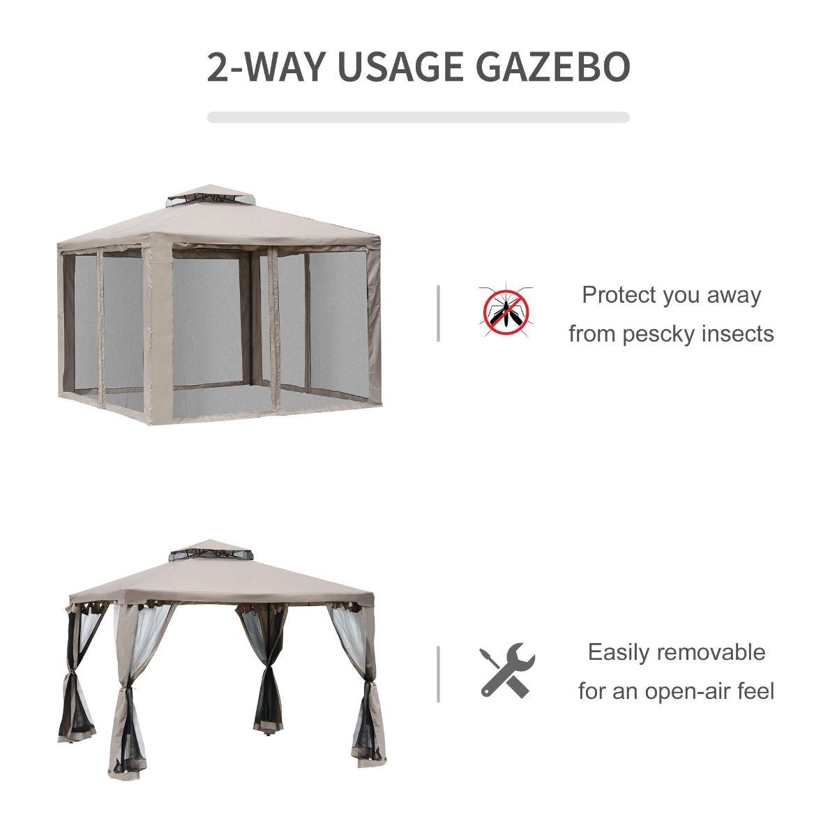 Outsunny 10' x 10' Gazebo Tent, Canopy with Mosquito Netting SideWalls, 2-Tier Vented Roof, Fabric for Garden, Lawn, Backyard, Taupe