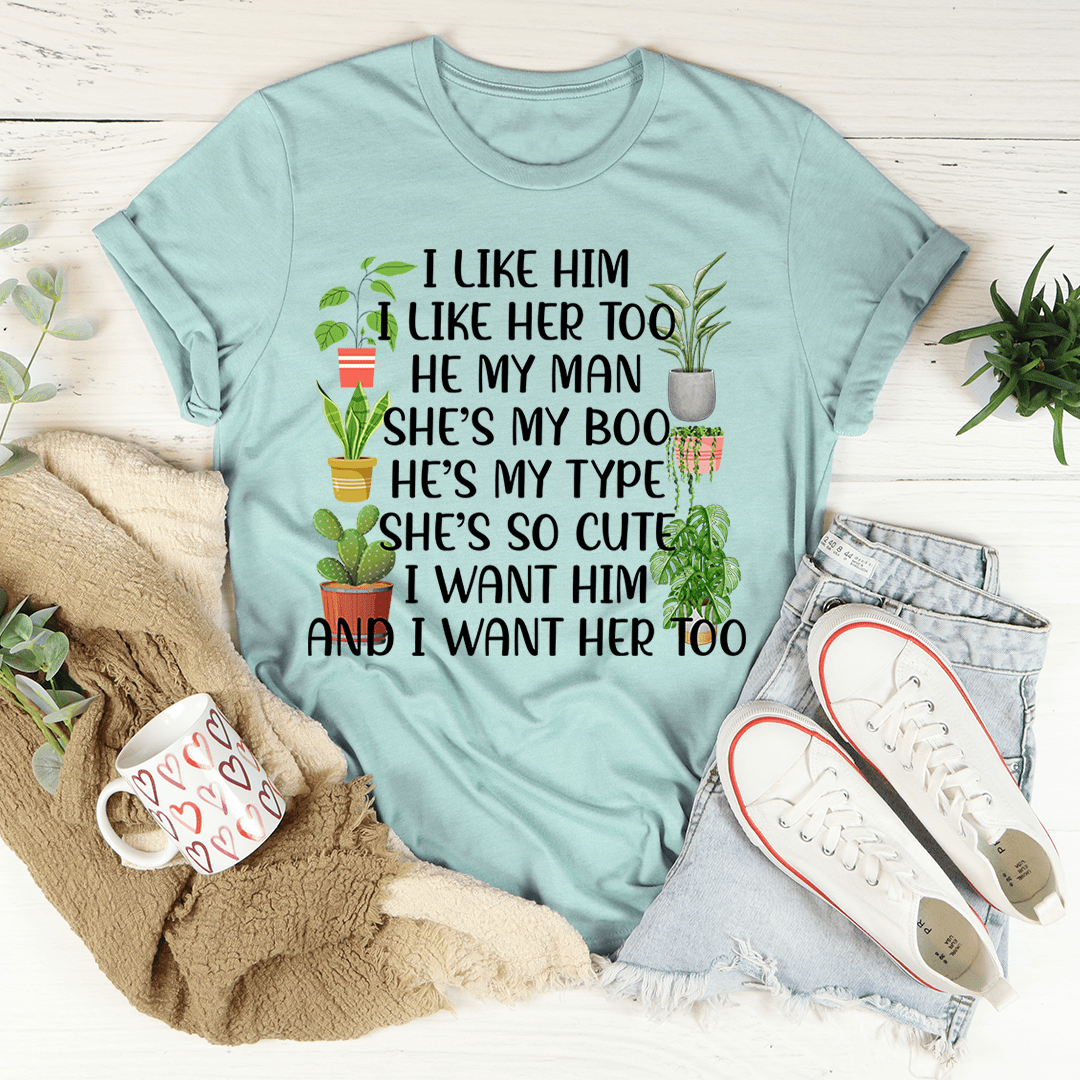Dusty teal crew-neck T-shirt featuring a colorful plant graphic