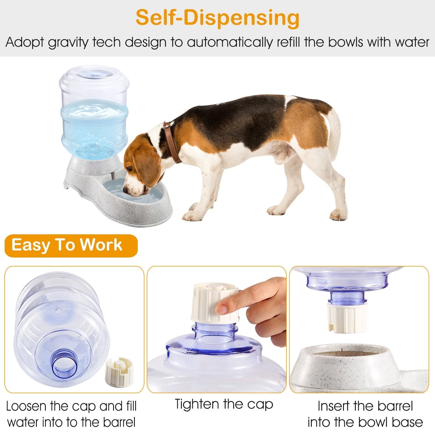 Pet water dispenser self-dispensing design: clear barrel on speckled gray base
