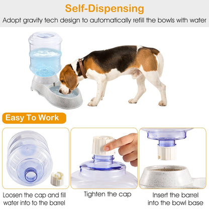 Pet water dispenser self-dispensing design: clear barrel on speckled gray base
