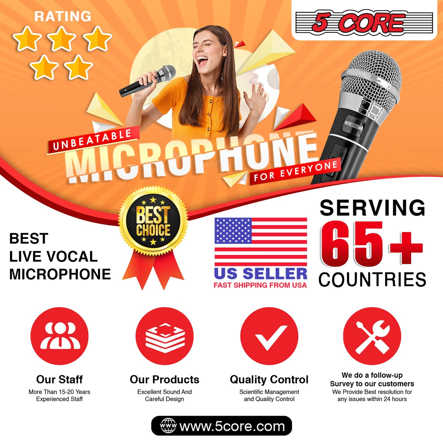 Dynamic handheld microphone with metal grille and visible on-body switch