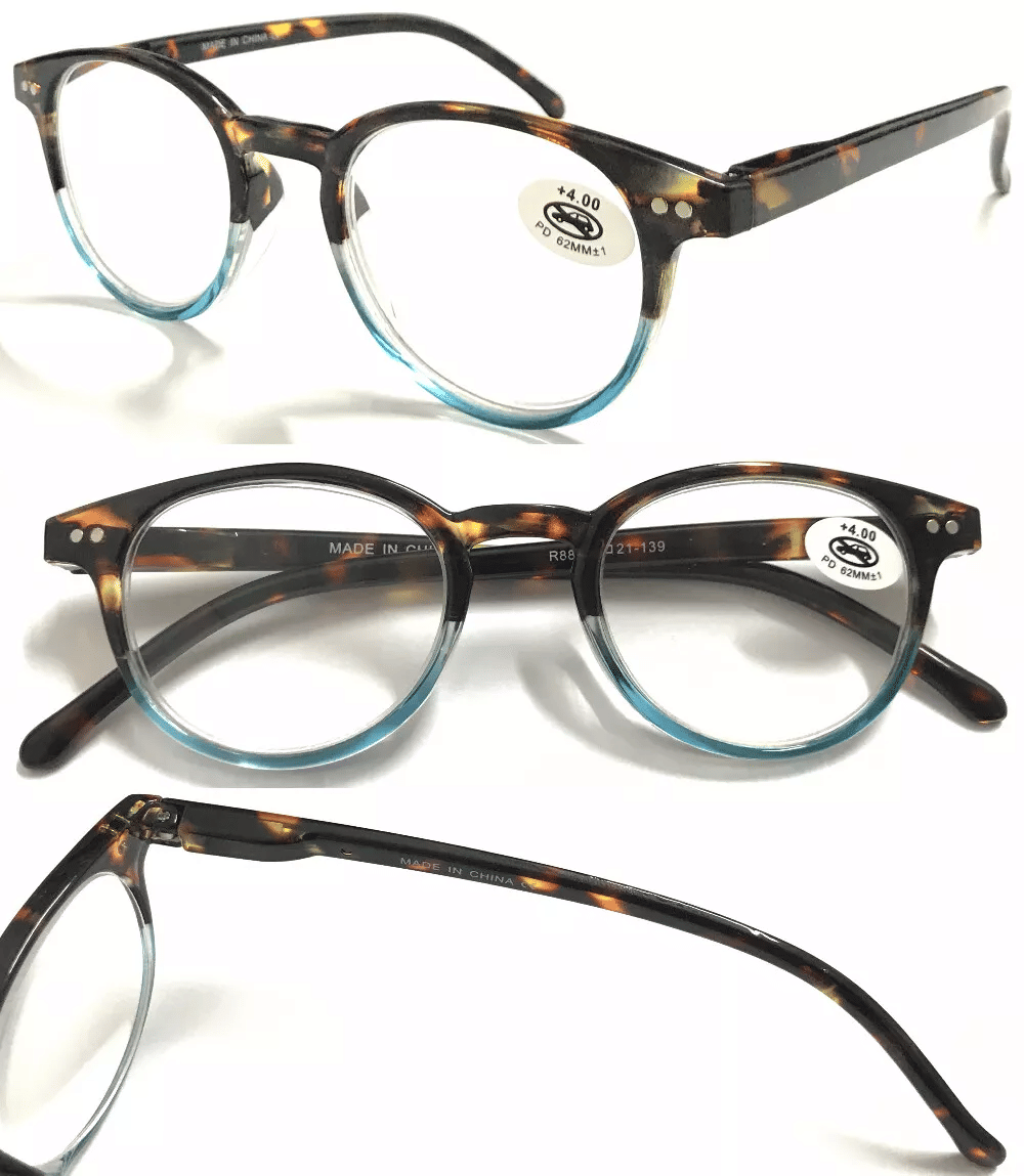 Tortoiseshell round reading glasses, two pairs, blue-tinted lenses