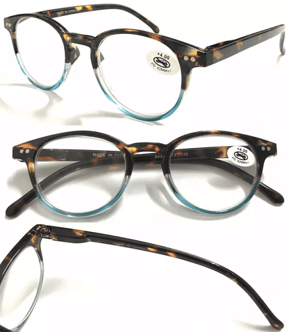 Tortoiseshell round reading glasses, two pairs, blue-tinted lenses